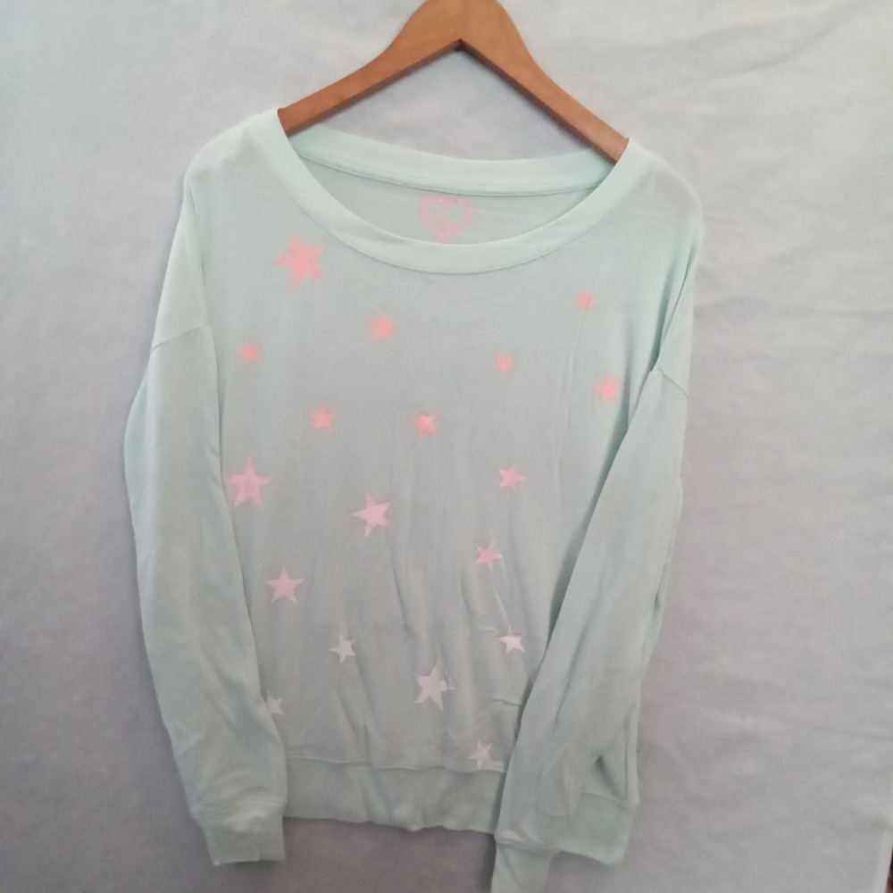 Live Love Dream Womens Mint Green Pink Star Print Pullover Sweatshirt Medium